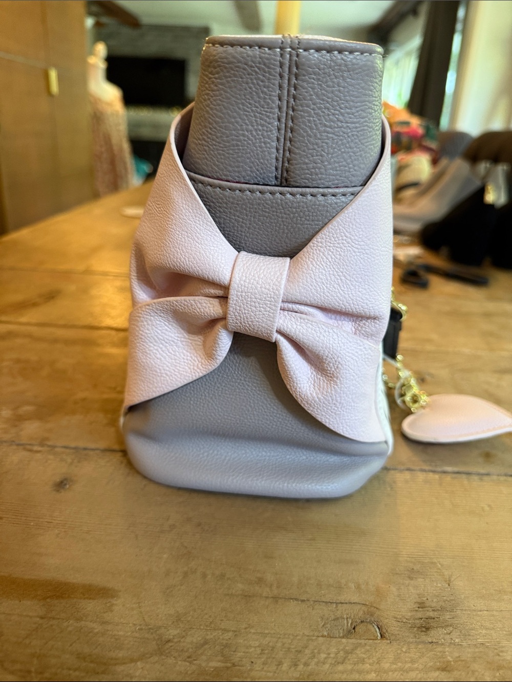 Striped White and Pink Shoulder Tote with Heart Charm - Picture 9 of 14